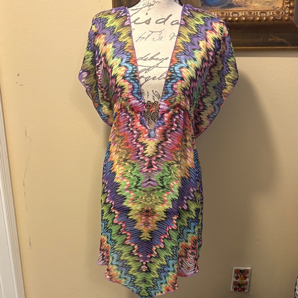 BECCA Vibrant Zigzag Deep V Metal swirl detail tie-back Swim Cover-Up